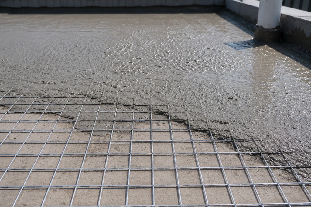 GI welded mesh embedded in waterproofing membrane on terrace slab.